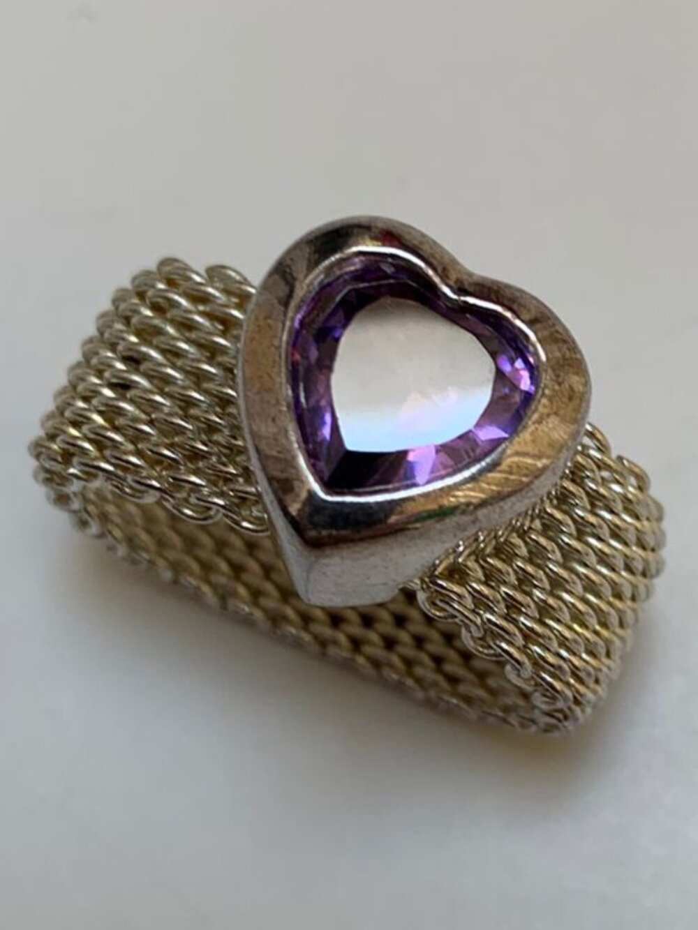 925 Sterling Silver mesh ring with purple heart size 7
